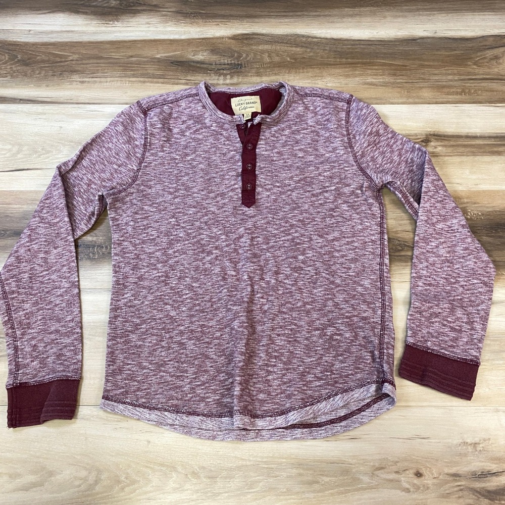 Lucky Brand Henley Shirt Mens Medium Space Dye Long Sleeve Maroon Casual